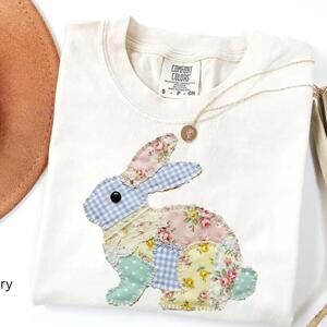 S Faux Patchwork Easter Bunny Shirt, Easter Tee, Floral Faux Patchwork